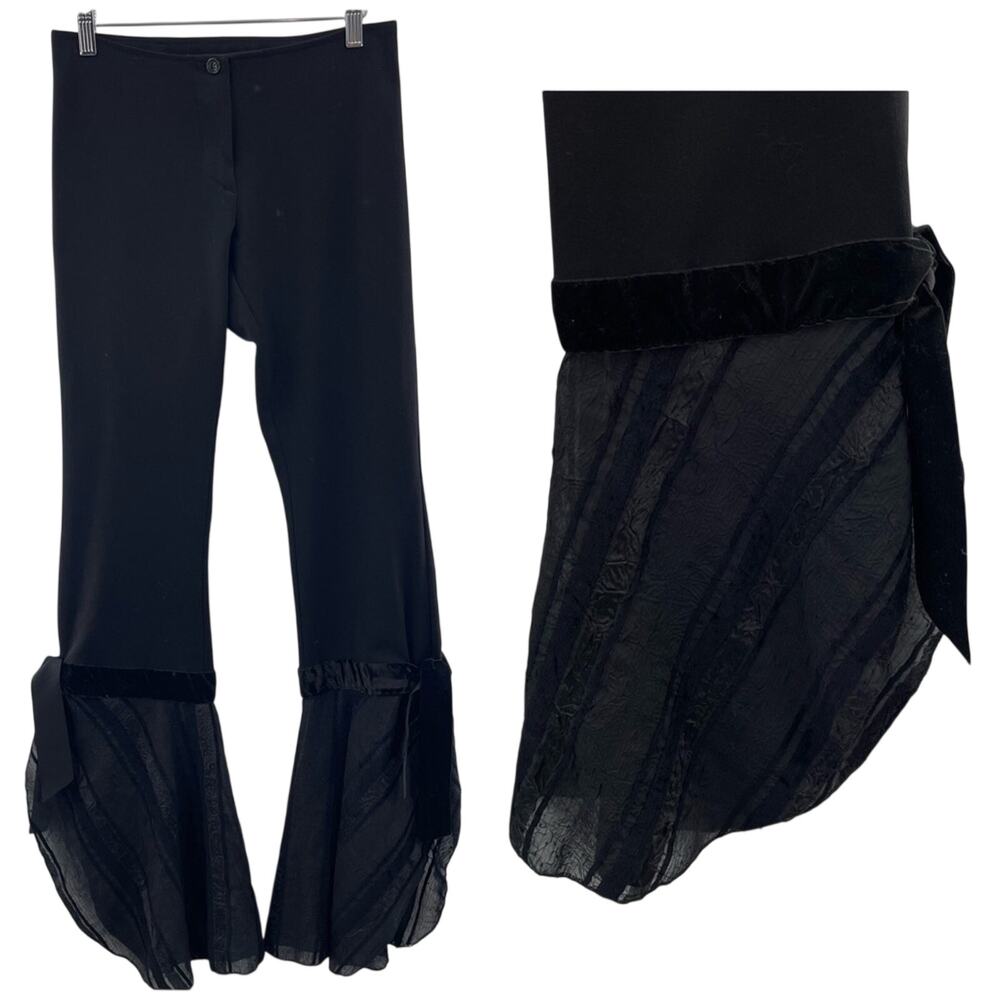 Paul & Emile Paris Designer Flare Velvet Detail Unique Mid Rise Pants Black 4